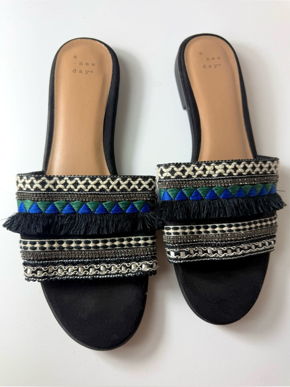A New Day Solana Black Blue Fringe Woven Flat Slide Sandals Boho Size 11